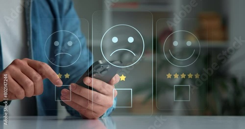 Customer service rating and satisfaction rating concept. Close-up of hands and smartphone, evaluation of the quality of service, store, service, services in the network and social networks.