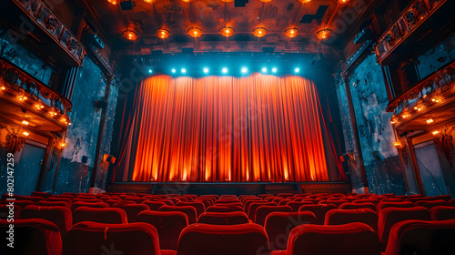 Vintage Movie Poster Curtains on a Theatrical Stage in Documentary Soft Lighting