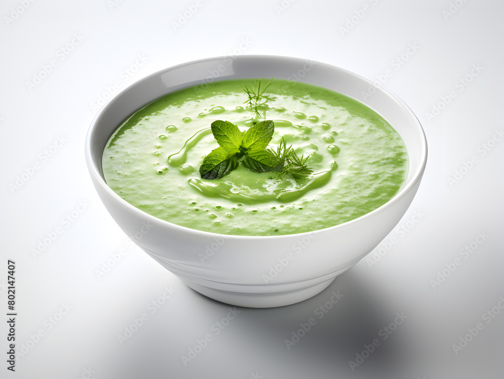 Green cold gazpacho soup in a bowl on white table background Green cold gazpacho soup in a bowl on white table background