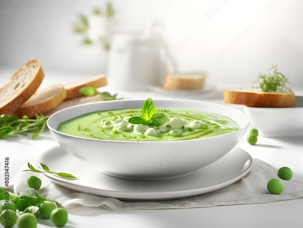 Green cold gazpacho soup in a white bowl with garnishes and bread on white table Green cold gazpacho soup in a white bowl with garnishes and bread on white table