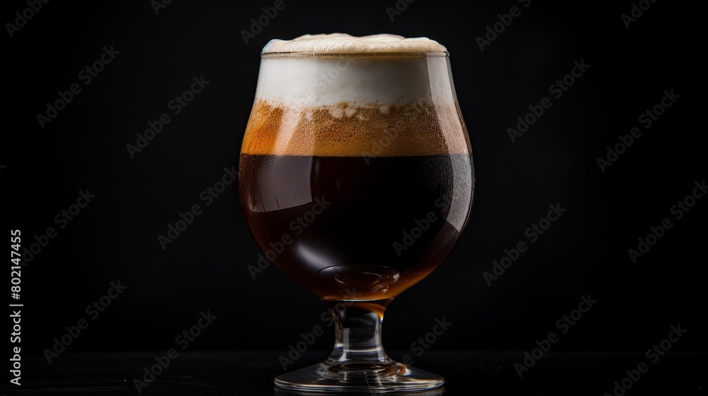 A dark beer with a creamy, tan head in a tulip glass. A dark beer with a creamy, tan head in a tulip glass.