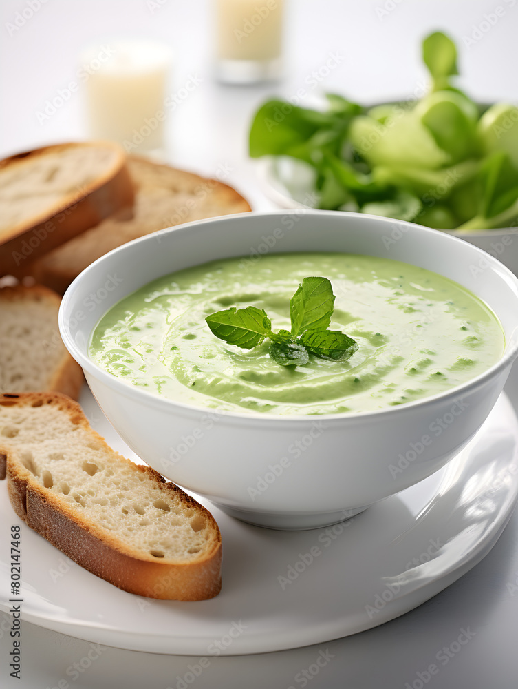 Green peas cold gazpacho soup in a white bowl with garnishes and bread on white table Green peas cold gazpacho soup in a white bowl with garnishes and bread on white table