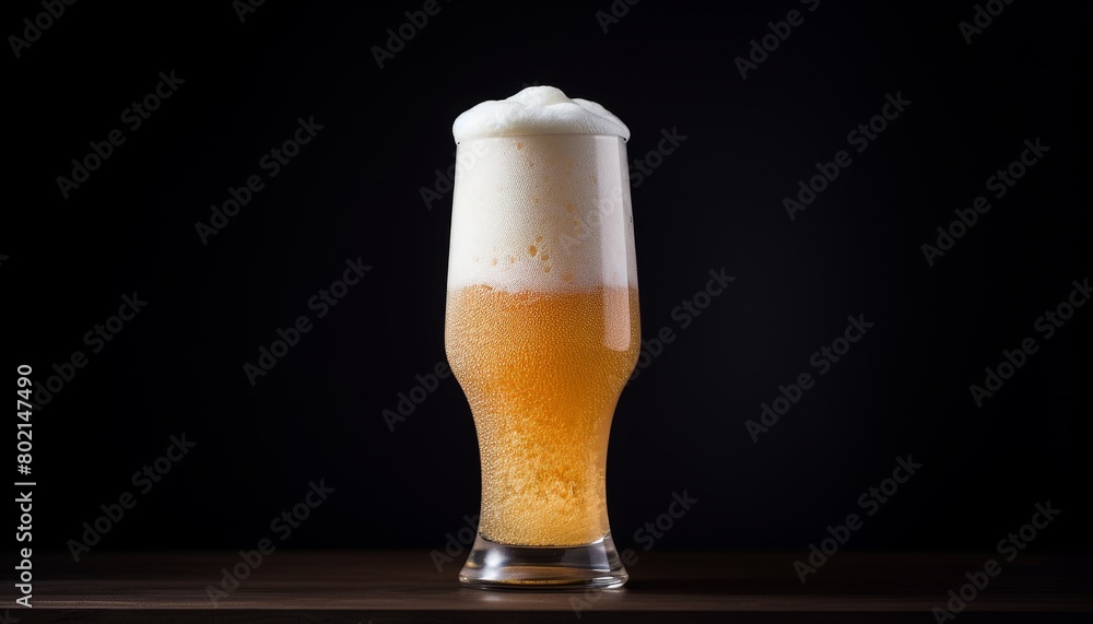 A half-full glass of light beer sits on a bar with a dark background.