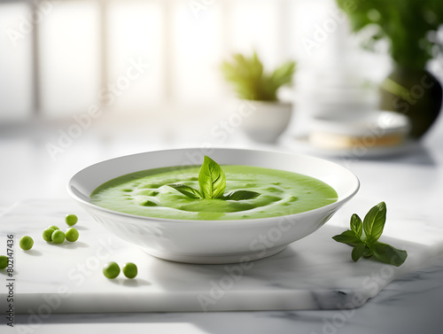 Green peas cold gazpacho soup in a white bowl with garnishes on white table 