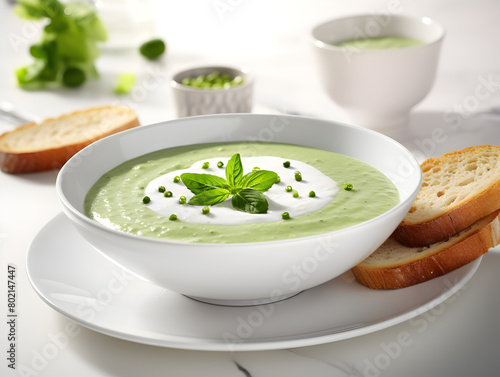 Green cold gazpacho soup in a white bowl with garnishes and bread on white table 