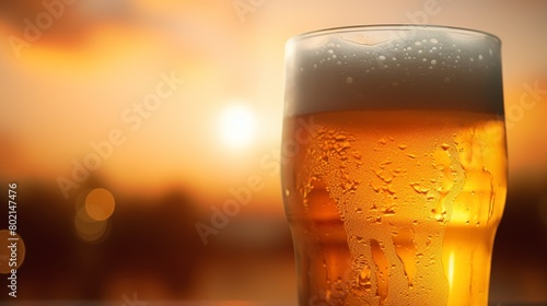 A cold refreshing amber beer in a glass with the sun setting in the background.