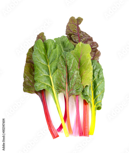 Bunch of swiss chard leafves isolated on white background. Fresh swiss rainbow chard.