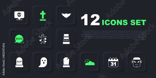 Set Halloween date 31 october, Frankenstein face, Voodoo doll, Moon and stars, Boo speech bubble, Ghost, Tombstone with cross and RIP written icon. Vector