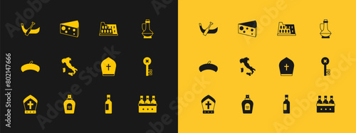 Set Bottle of olive oil, Perfume, Pope hat, wine, Map Italy, Coliseum, Gondola boat and Cheese icon. Vector