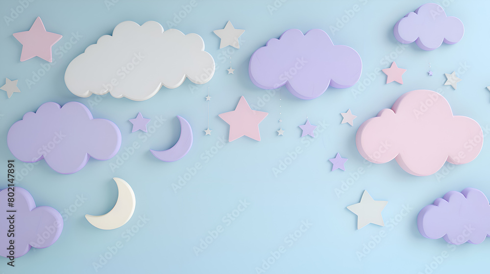 A blue background with clouds and stars. The clouds are in different shapes and sizes, and the stars are scattered throughout the sky. Scene is whimsical and playful. Generative AI