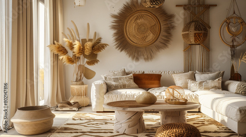 A living room with a large sunflower wall hanging and a white couch. The room has a warm and inviting atmosphere