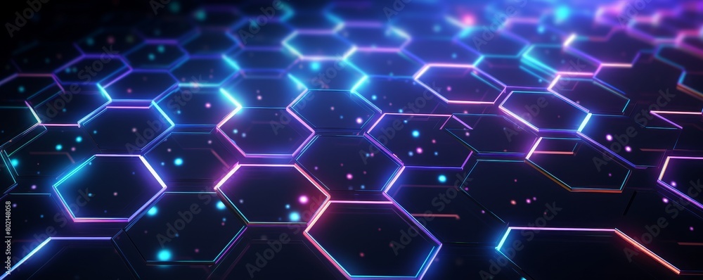 The image is a glowing blue and purple honeycomb pattern. The hexagons are outlined in white and the background is black.