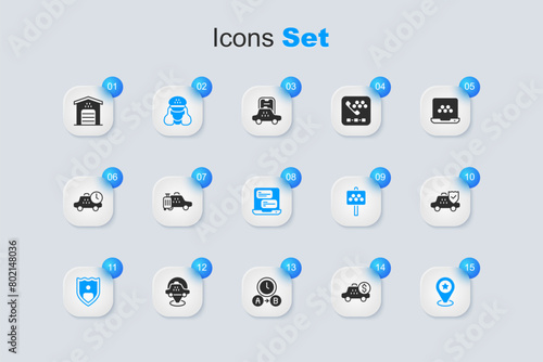 Set Taximeter device, car, driver, Life insurance with shield, Location star, Garage for taxi and mobile app icon. Vector