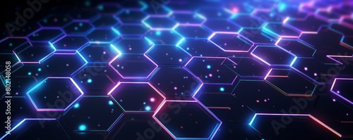 The image is a glowing blue and purple honeycomb pattern. The hexagons are outlined in white and the background is black.