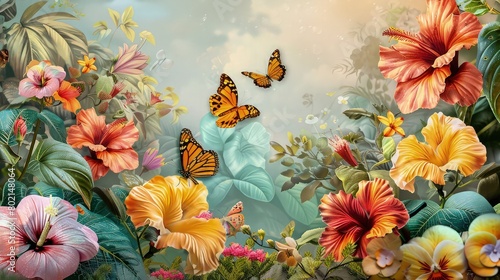 A vibrant butterfly gracefully flitting among a colorful array of flowers in a sun-kissed garden photo