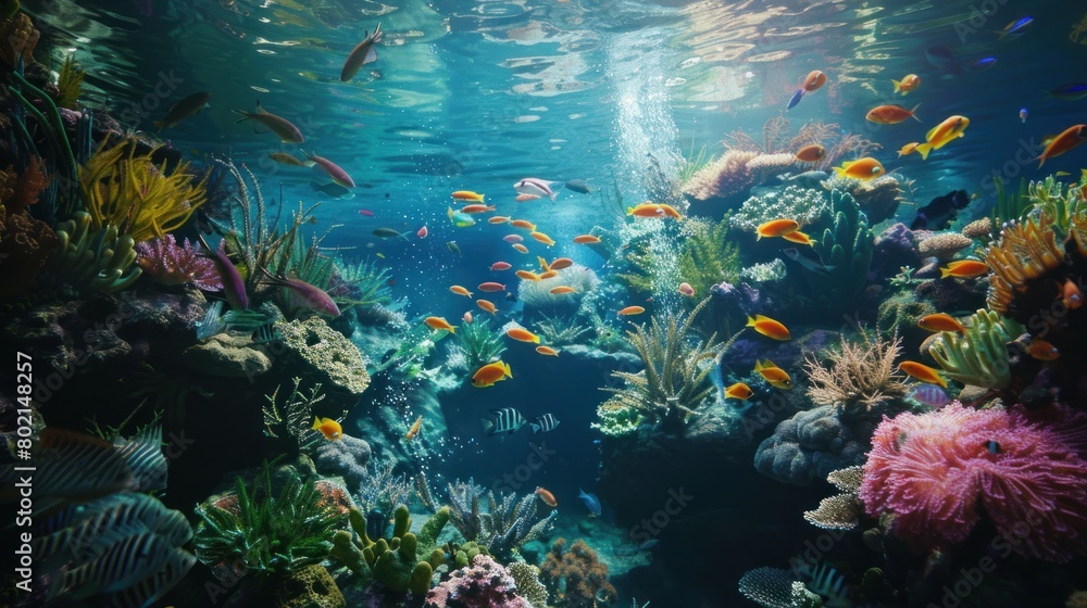 Beautiful scenery underwater garden with many fish swimming on near coral reef. Generated AI image
