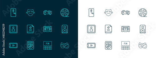 Set line Film reel, CD disk award in frame, VHS video cassette tape, Cinema auditorium with screen, Scenario, Movie, film, media projector, Backstage and Drama theatrical mask icon. Vector
