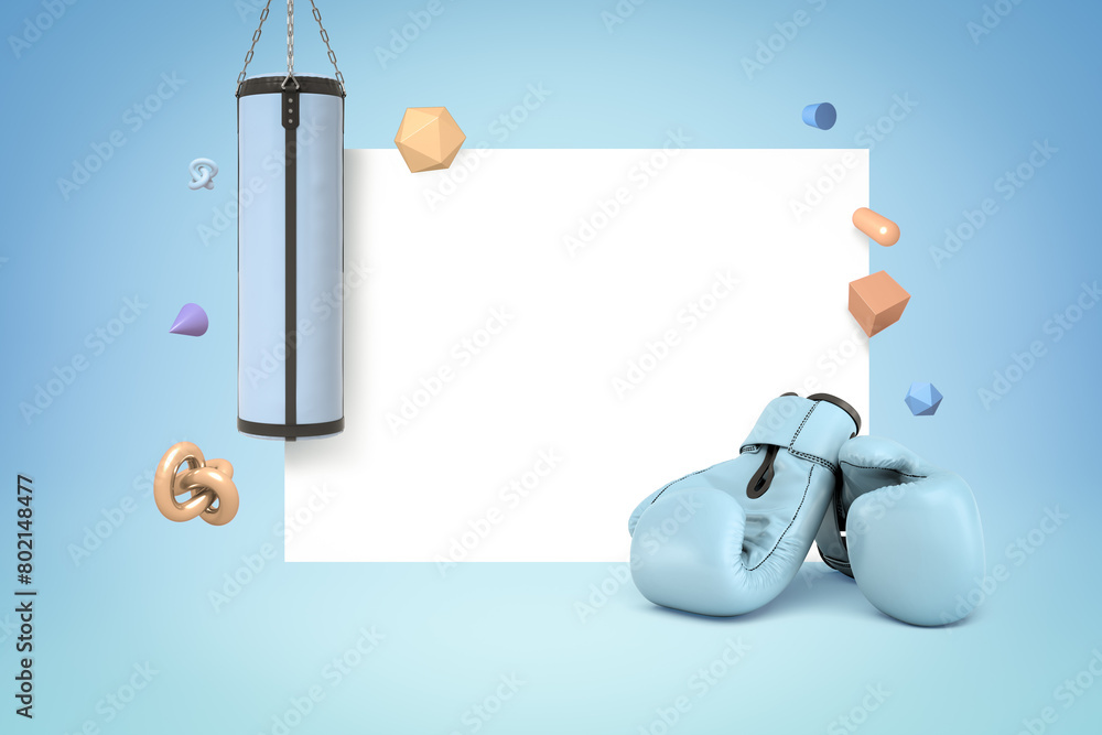 3d rendering of blue punching bag and boxing gloves with random objects on white blue background 3d rendering of blue punching bag and boxing gloves with random objects on white blue background
