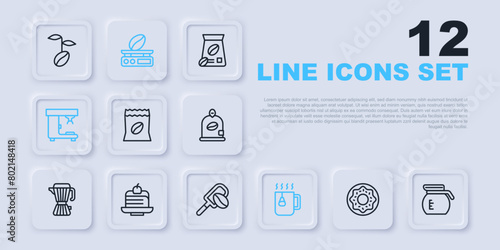 Set line Donut, Coffee pot, Bag coffee beans, Cup tea with bag, machine, Piece cake, Electronic scales and Spatula grain icon. Vector