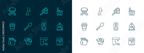 Set line Manual coffee grinder, Pour over maker, Coffee thermometer, machine, Teaspoon, Spatula with grain, table and bag icon. Vector