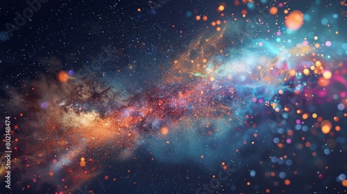 A stylized map of the Milky Way galaxy with constellations and stars bursting out of it in colorful bursts.. photo