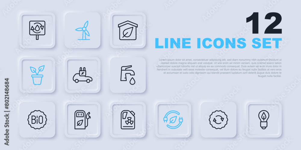 Set line Recycle symbol, Light bulb with leaf, Electric car, saving plug in, Plant pot, Petrol or gas station, Wind turbine and Radioactive waste barrel icon. Vector Set line Recycle symbol, Light bulb with leaf, Electric car, saving plug in, Plant pot, Petrol or gas station, Wind turbine and Radioactive waste barrel icon. Vector