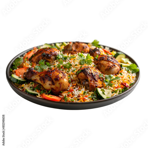 Plate of delicious chicken biryani with leg pieces and vegetable slices isolated on a transparent background