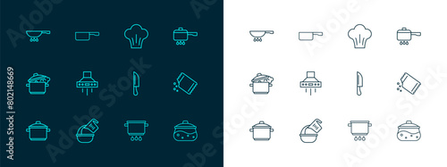 Set line Cooking pot on fire, Measuring cup and bowl, Knife, Kitchen extractor fan, Chef hat, Frying pan and icon. Vector