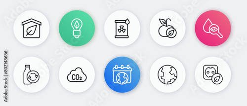 Set line World Earth day, Drop and magnifying glass, Recycling plastic bottle, globe, Apple, Radioactive waste barrel, Electrical outlet and CO2 emissions cloud icon. Vector