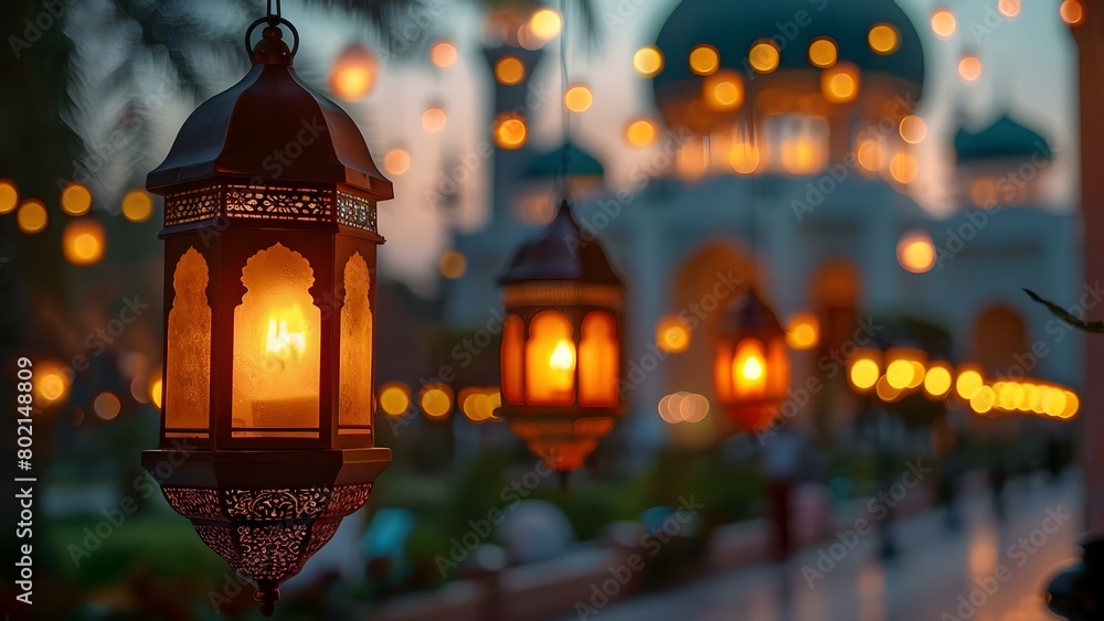 Ramadan Kareem celebration with glowing lanterns and mosque backdrop creates a picturesque scene. Concept Ramadan Kareem, Glowing Lanterns, Mosque Backdrop, Picturesque Scene Ramadan Kareem celebration with glowing lanterns and mosque backdrop creates a picturesque scene. Concept Ramadan Kareem, Glowing Lanterns, Mosque Backdrop, Picturesque Scene