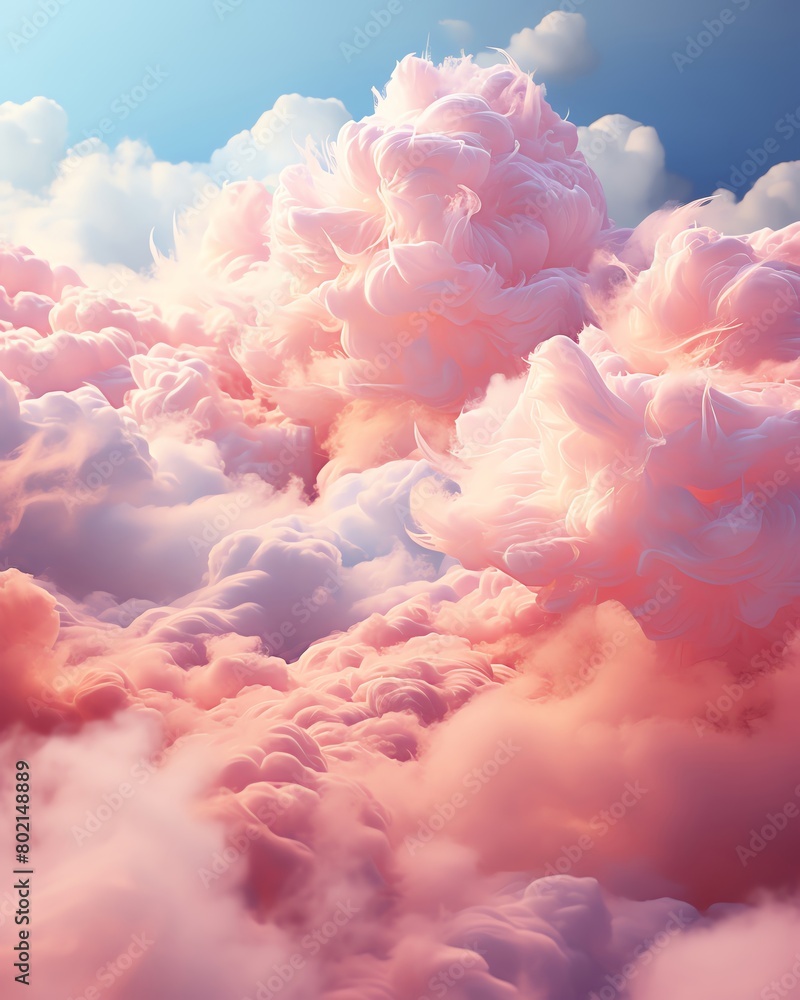 Dreamy stock photo of soft, fluffy clouds in a pastelcolored sky, with subtle light rays peeping through, creating a sense of heavenly bliss