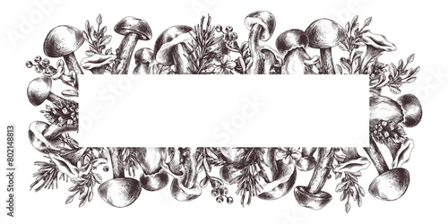 Edible forest mushrooms, boletus, chanterelles with blueberries and lingonberries, leaves, fir and cones. Graphic illustration, hand drawn with brown ink, line art. Rectangular frame template