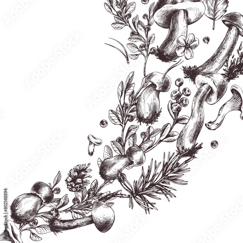 Edible forest mushrooms, boletus, chanterelles with blueberries and lingonberries, leaves, fir and cones. Graphic illustration, hand drawn with brown ink, line art. Stream composition