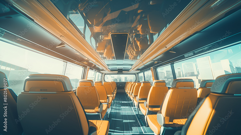 interior of a bus,Rows of empty seats,Bus interior, transportation, travel, commuting