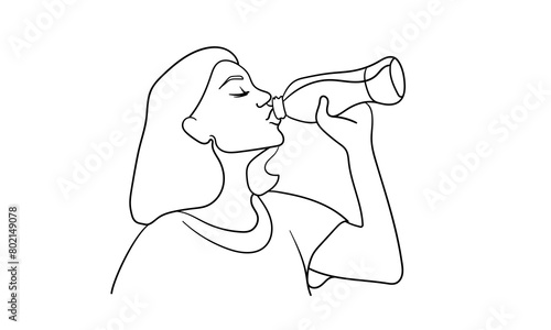 Girl drink water isolated on white background. Morning energy line art drawing. Vector illustration