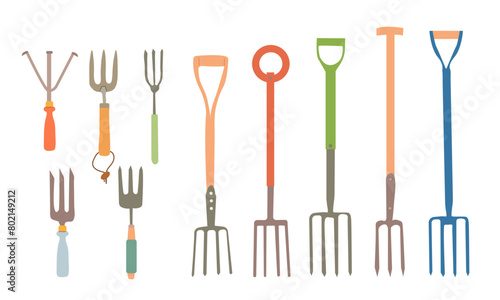 Garden fork set , different shapes and color isolated on white background. Gardening tools design. Colorful vector illustration, flat style.