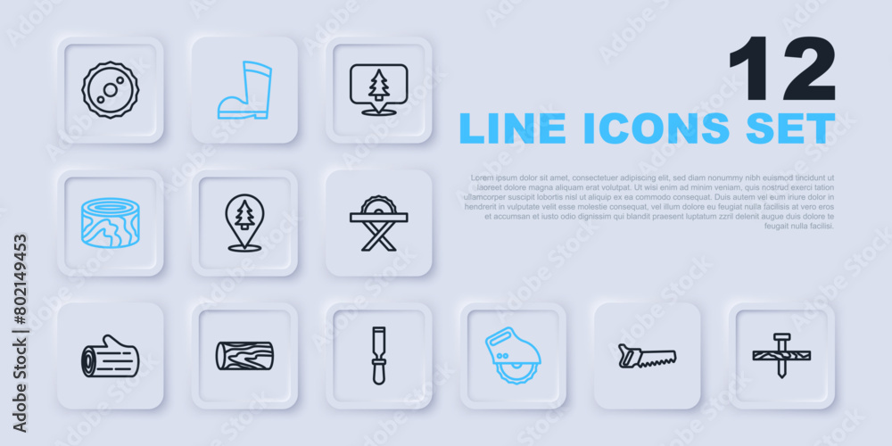 Set line Hand saw, Metallic nail, Location of the forest, Electric circular, Wooden logs, Waterproof rubber boot and Chisel tool icon. Vector Set line Hand saw, Metallic nail, Location of the forest, Electric circular, Wooden logs, Waterproof rubber boot and Chisel tool icon. Vector
