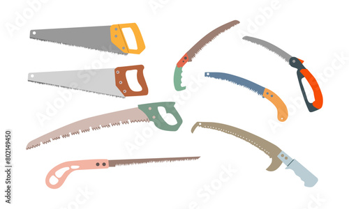 Saw set icon different shapes and color, isolated on white background. Hand saw isolated, symbol. Vector illustration. Tools carpenter, repairmen , garden. Vector illustration flat design.