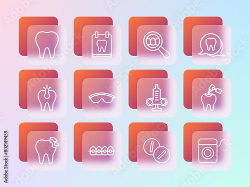 Set line Tooth, Teeth with braces, Syringe, Toothache painkiller tablet, Safety goggle glasses, Dental search, and Calendar tooth icon. Vector