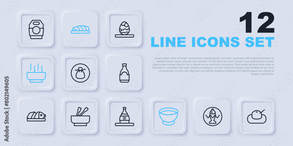 Set line Served fish on a plate, Mochi, Wonton, Soy sauce in bowl, Ramen soup, Asian noodles, Fish steak and Bottle of sake icon. Vector Set line Served fish on a plate, Mochi, Wonton, Soy sauce in bowl, Ramen soup, Asian noodles, Fish steak and Bottle of sake icon. Vector