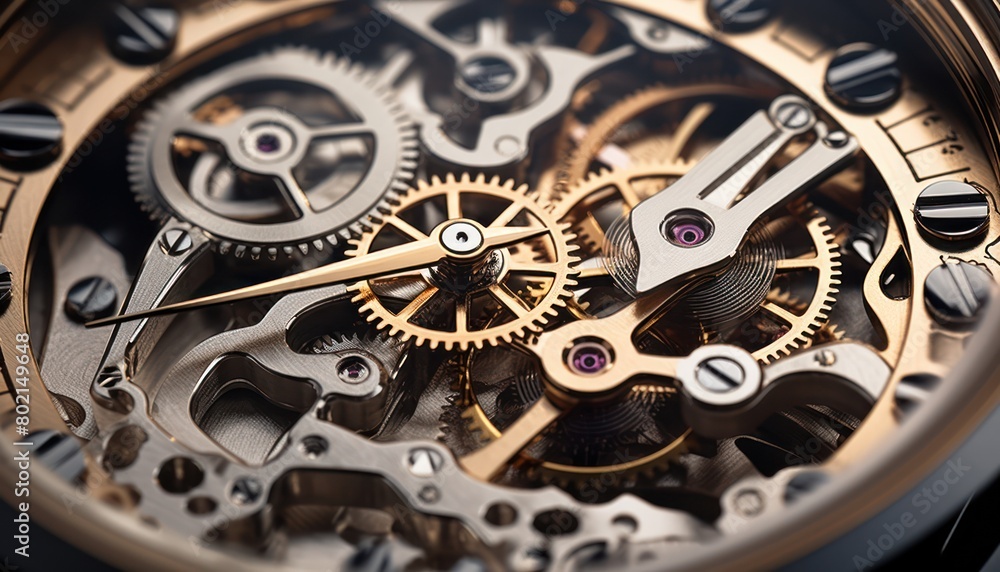 Detailed close-up view of the intricate metal gears within a watch, symbolizing precision and engineering