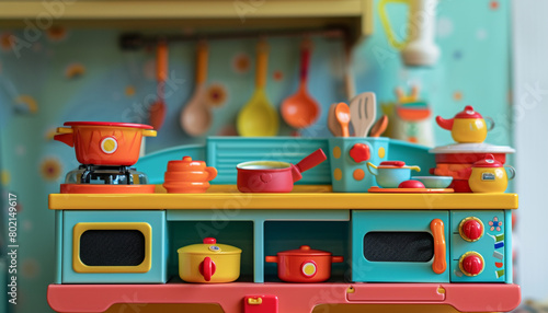 colorful toy kitchen set, complete with miniature utensils and pots, offering a playful and imaginative space for young ones to explore
