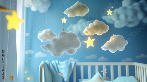 A gentle mobile above a crib, with soft clouds and stars floating, creating a dreamy atmosphere for a baby's naptime photo