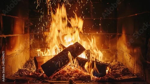 Closeup wooden logs in fireplace with warm fire and sparks. Generated AI image