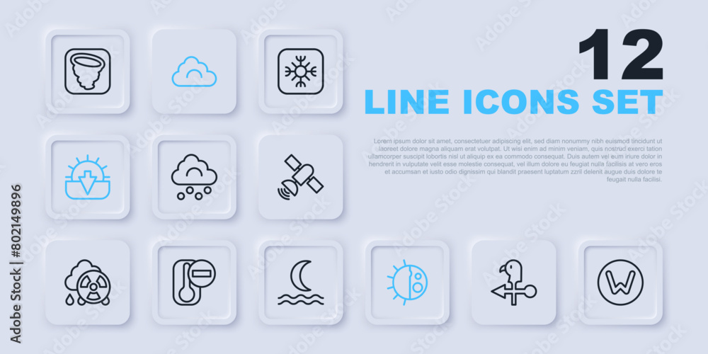 Set line Rooster weather vane, Compass north, Hail cloud, Day night cycle, Sunset, Thermometer, Cloud and Night fog smoke icon. Vector Set line Rooster weather vane, Compass north, Hail cloud, Day night cycle, Sunset, Thermometer, Cloud and Night fog smoke icon. Vector