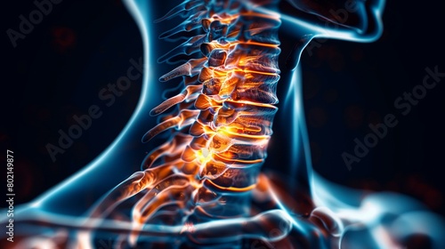Neck pain, human neck with spine highlighted in blue, glowing medicine orthopedics backache physiology photo