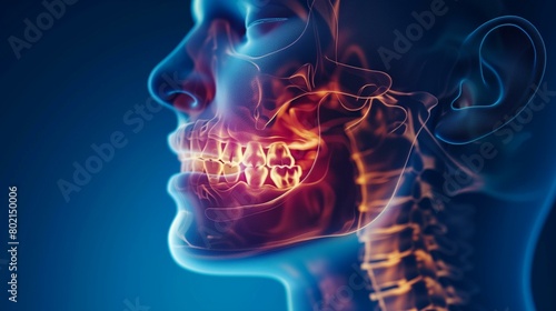 Jaw pain, human mouth with tooth in front, biology physical injury human mouth human jaw bone human neck photo