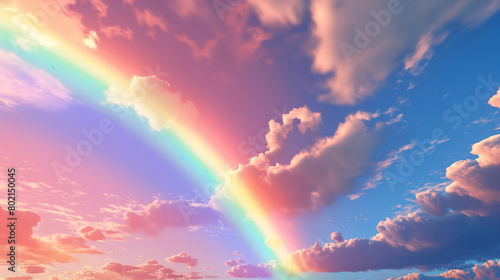 A majestic rainbow stretching across a dramatic sky, with vibrant colors arching from horizon to horizon © muhammad