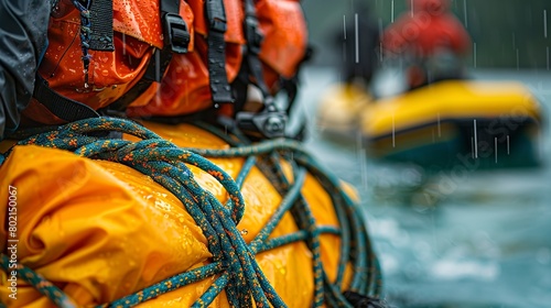 Water rescue gear laid out, life vest and rope, close up, preparation for the plunge, morning haze 