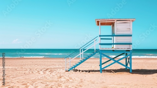 Beautiful landscape of lifeguard tower blue and white color in beach at a sunny day. Generated AI